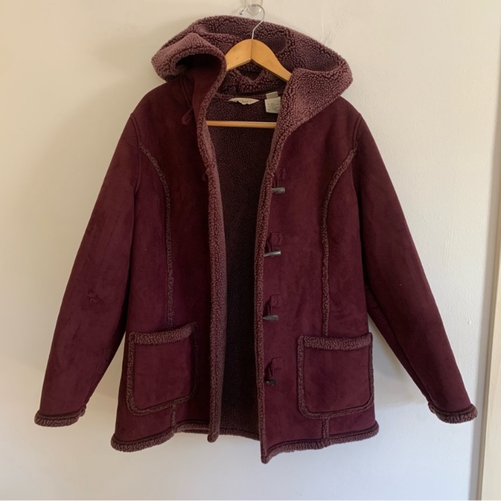 L.L. Bean Burgundy Hooded Toggle Shearing Sherpa Lined Jacket Coat Size L